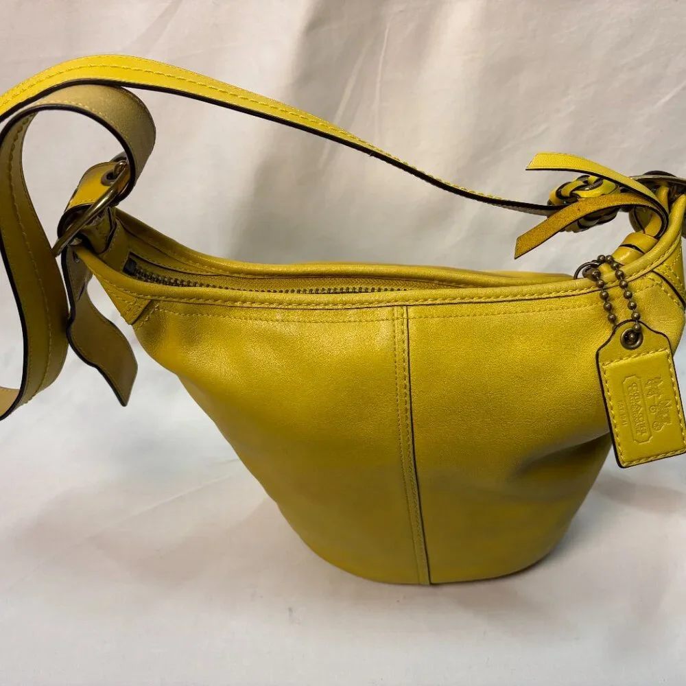 Coach Yellow Leather Shoulder Bag Hobo Purse Glove Leather Plaid Lining Y2K - Picture 4 of 9